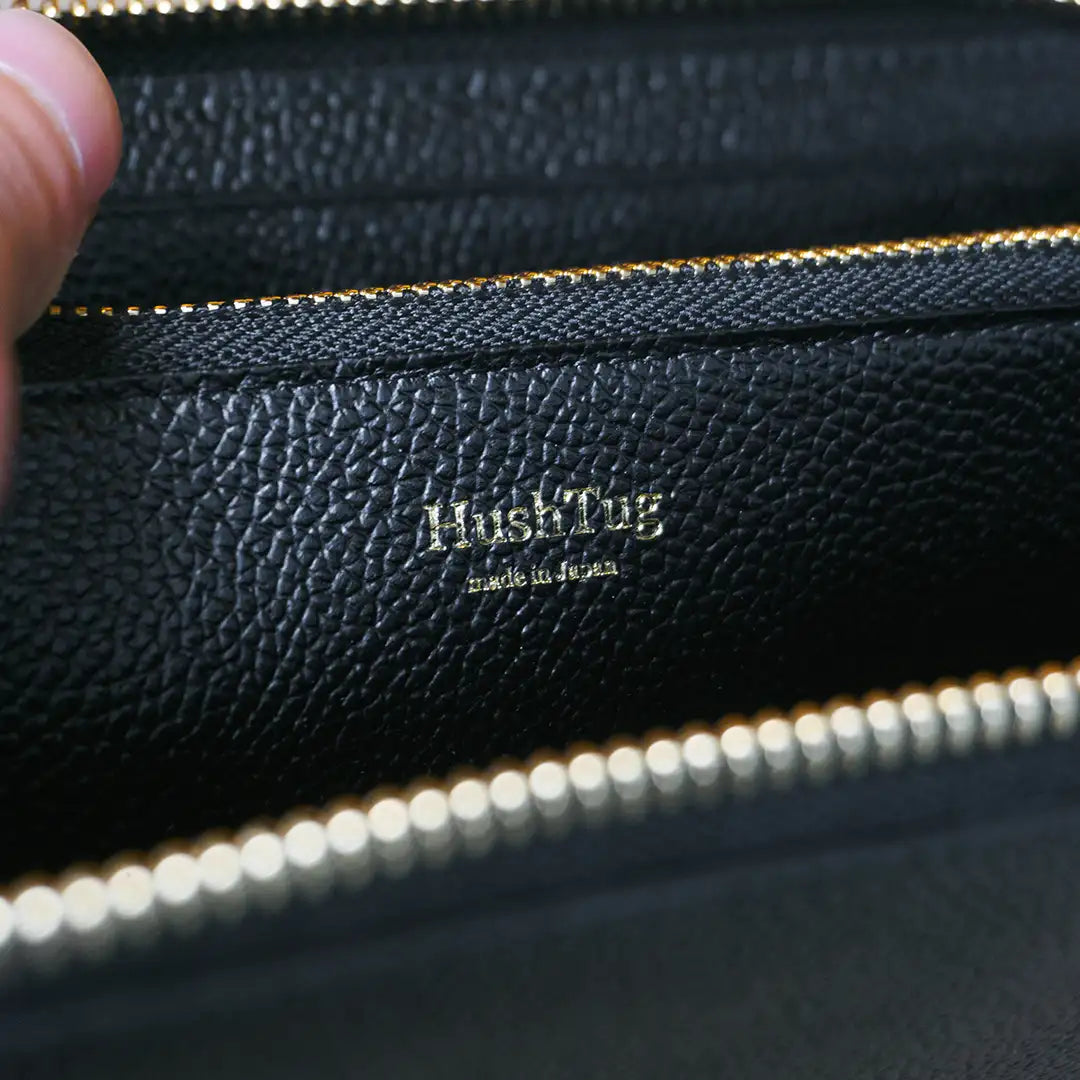 Pure Shrink Leather Round Zip Wallet in Black