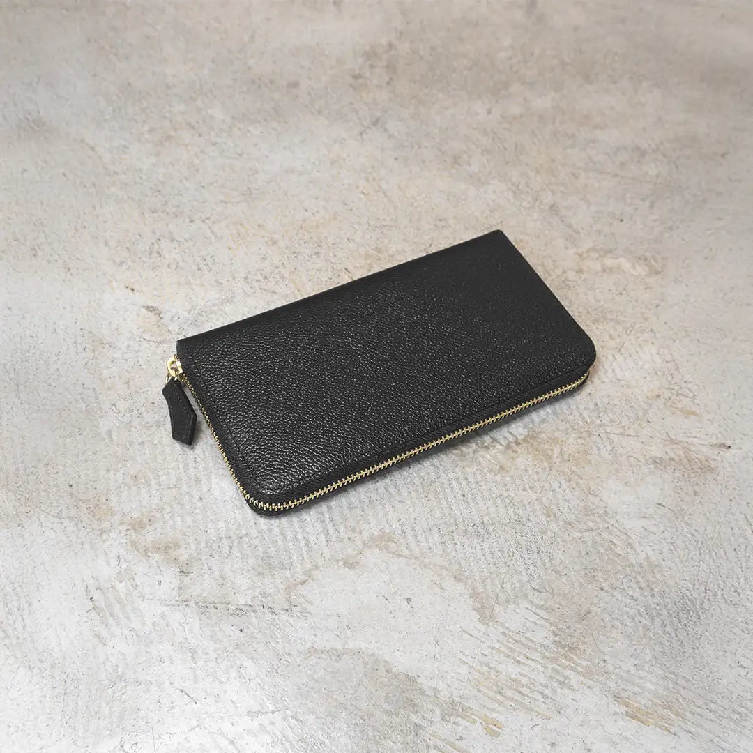 Pure Shrink Leather Round Zip Wallet in Black