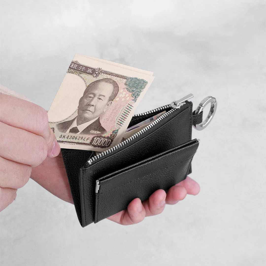 純縮水皮革 L 拉鍊皮夾 黑色