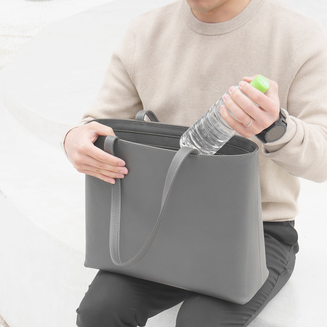 [New] Leather Tote, Dark Grey